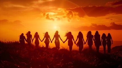 Silhouette of a group of people walking in a field at sunset.