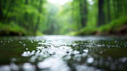 Fototapeta premium Serene River Flowing Through Lush Forest - Peaceful Nature Landscape with Blurred Background