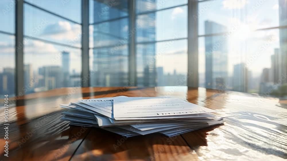 Poster stack of signed contracts and agreements on a boardroom table, city view through the windows