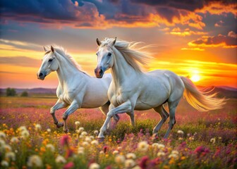 Obraz premium Majestic white horses gallop freely in a vibrant field of flowers at sunset, capturing the essence of serene natural beauty and unbridled freedom.