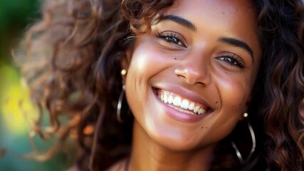 A joyful woman with curly hair smiles warmly in a vibrant outdoor setting, radiating positivity and embracing the beauty of nature.