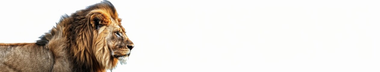 Naklejka premium Majestic in Solitude: A Lone Lion Portrait on a Pristine White Background, Exuding the Dignity of an Aged Wild Beast