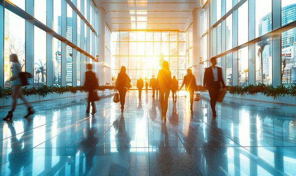 A bright business workspace where people are moving quickly in a modern office setting.