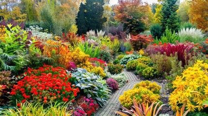 A stunning botanical garden in autumn with a variety of colorful plants, trees and flowers showing the beauty of the season in full bloom.
