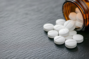 White Pills Spilling from Brown Bottle on Black Surface