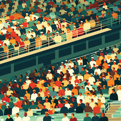 Crowded stadium spectators watching event, diverse audience seated stands, colorful attire. Fans gathered sports event, enthusiastic crowd competition, varied ethnicities enjoying game. Illustration