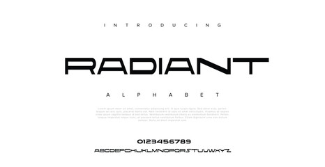 Radiant Creative simple modern urban alphabet font. Digital abstract futuristic, logo, music, sport, minimal technology typography. Simple numeric vector illustration