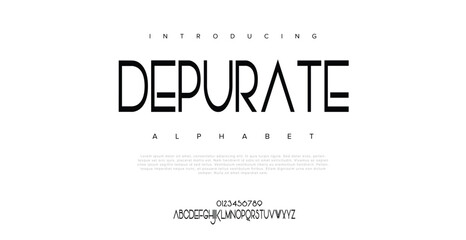 Depurate Creative simple modern urban alphabet font. Digital abstract futuristic, logo, music, sport, minimal technology typography. Simple numeric vector illustration