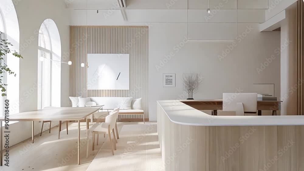 Poster a sleek reception area featuring wooden elements and ample sunlight, with a cozy seating nook and a 