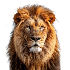 Fototapeta premium Majestic in Solitude: A Lone Lion Portrait on a Pristine White Background, Exuding the Dignity of an Aged Wild Beast