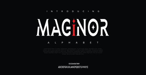 Maginor Modern creative alphabet. Future fonts style. Typography uppercase and lowercase fonts.