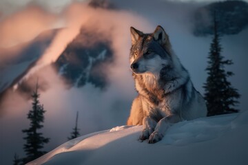 A wolf sitting on top of a snow covered mountain, AI