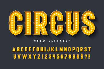 Retro circus alphabet design, cabaret, fairy LED lamps letters and numbers. © Aleksandr
