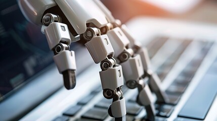 Robotic Hand Interacting With Laptop Keyboard in Modern Office Environment During Afternoon Light