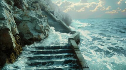 Stairway and ocean with a feeling of liberation