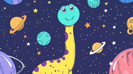 Colorful Cartoon Dinosaur Surrounded by Planets and Stars in a Night Sky