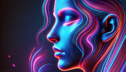 Obraz premium Neon Abstract Female Profile, Futuristic Woman Portrait with Neon Lights, Abstract Cyberpunk Female Face, Digital Art of Woman in Neon Colors, Glowing Lines Female Silhouette, Woman in Digital Art