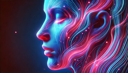 Obraz premium Neon Abstract Female Profile, Futuristic Woman Portrait with Neon Lights, Abstract Cyberpunk Female Face, Digital Art of Woman in Neon Colors, Glowing Lines Female Silhouette, Woman in Digital Art