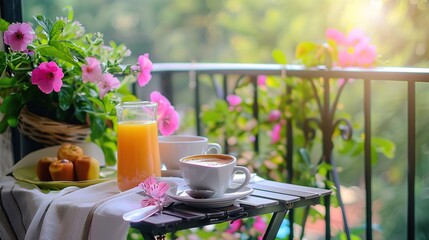 Morning Breakfast on a Balcony Surrounded by Vibrant Flowers and Sunshine