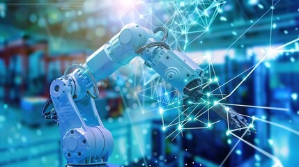 Fototapeta premium Advanced Robotic Arm Engaging in Precision Manufacturing Tasks Within a High-Tech Industrial Facility