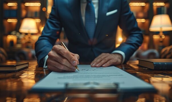 A close-up of a male CEO or boss in a suit signing a document in an office, finalizing a business agreement.