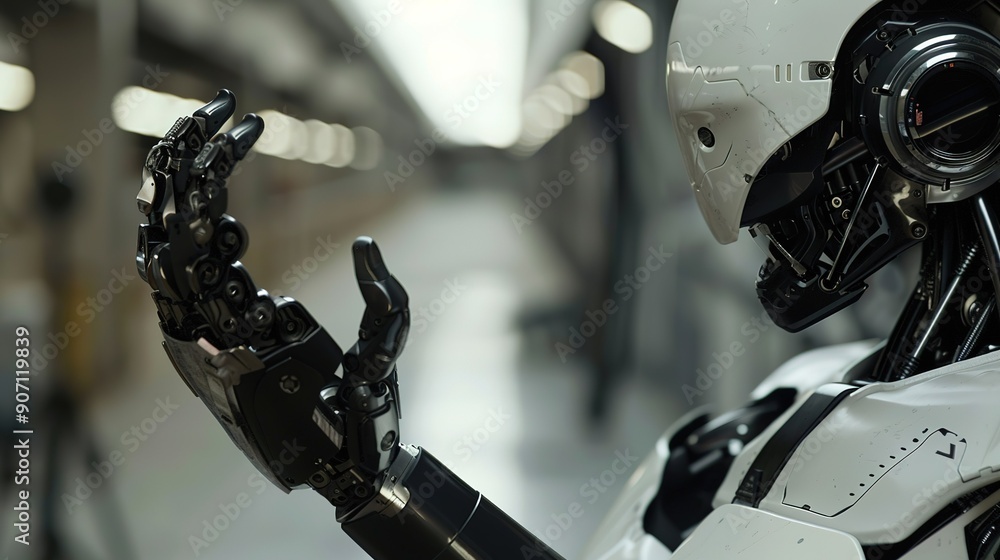 Poster advanced robotics showcase featuring humanoid robot with intricate mechanical hand mechanism in labo