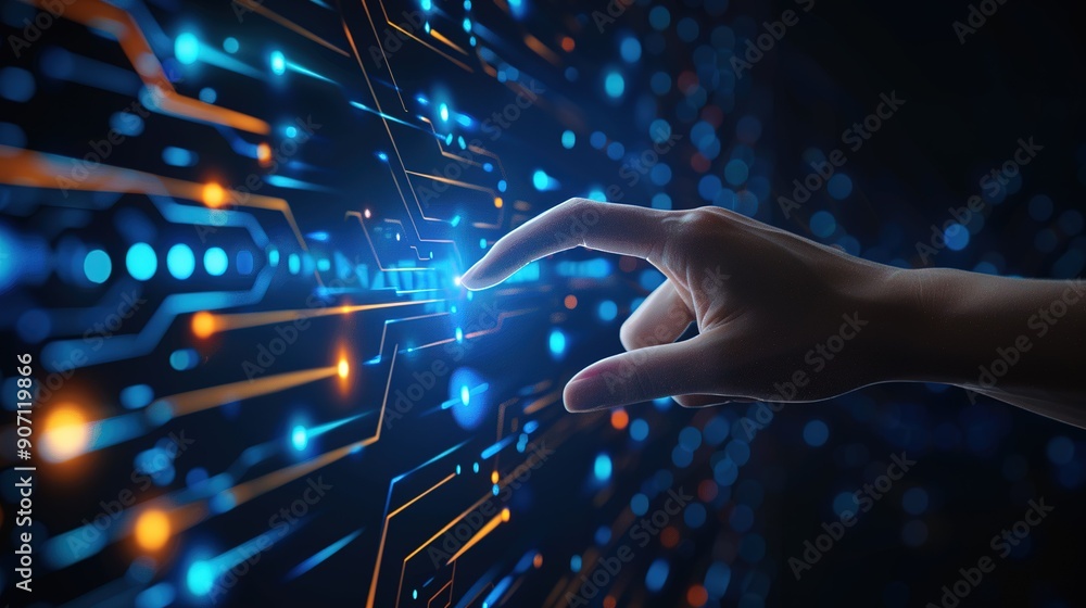 Poster exploring digital interfaces with a futuristic touch at an innovative tech hub