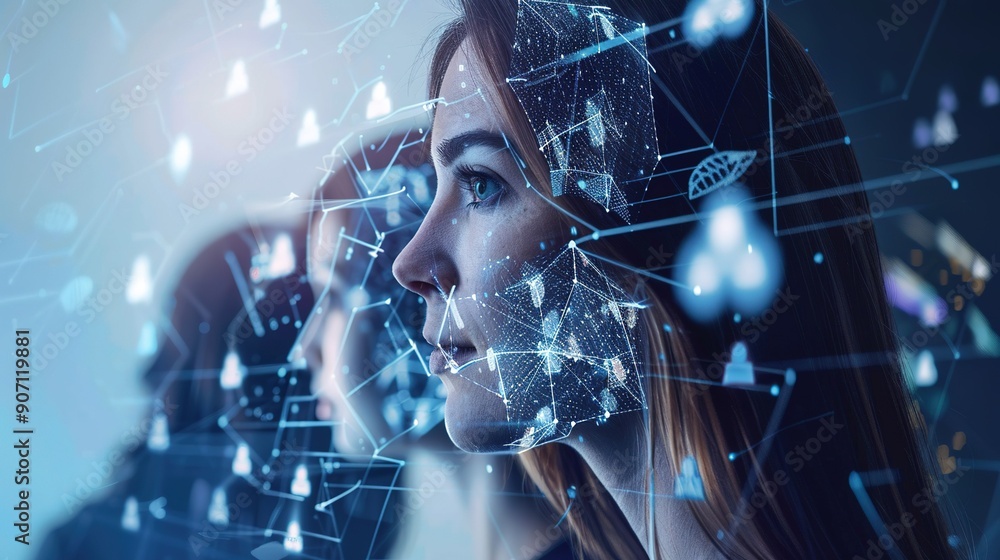 Poster exploring advanced technology and human interaction in a modern digital environment