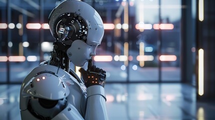 Contemplative Robot in Modern Urban Setting During Evening With Futuristic Architecture