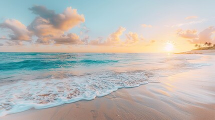 Serene Beach Sunset Over Calm Ocean Waves at Tropical Shoreline Near Palm Trees