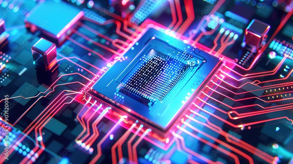 Poster close-up view of a futuristic computer microchip on a circuit board in a brightly lit environment