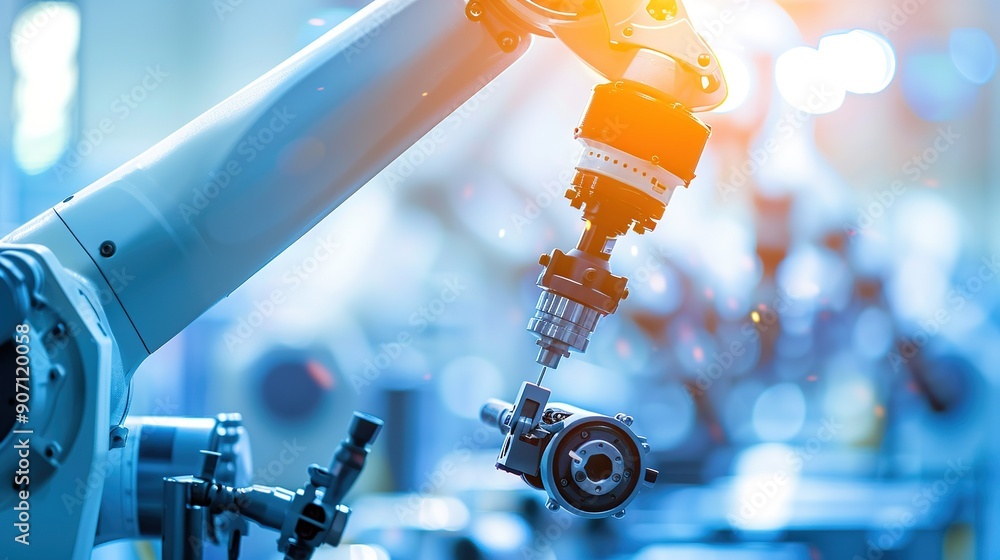 Poster advanced robotic arm assembling components in high-tech manufacturing facility during daytime