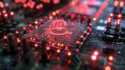 Fototapeta premium Intricate Circuit Board Illuminated With Red LED Lights Showcasing Modern Technology at Night