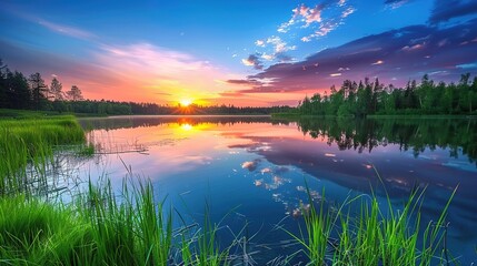 Vibrant Sunset Over Calm Lake Surrounded by Lush Greenery in Serene Wilderness