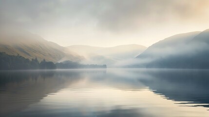 Fototapeta premium Tranquil Morning Mist Over Serene Lake Surrounded by Rolling Hills at Dawn
