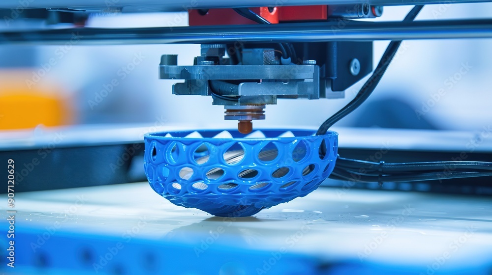 Poster 3d printer creating an intricate blue object in a modern workshop setting during daytime