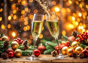 Sparkling wine glasses collide in slow motion, surrounded by festive decorations, capturing the warm ambiance and joyful essence of holiday celebrations and togetherness.