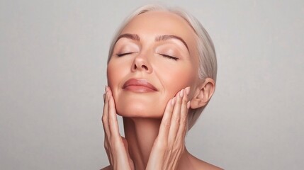 Beautiful portrait mid 50s aged woman advertising facial antiage lift products salon care tighten skin