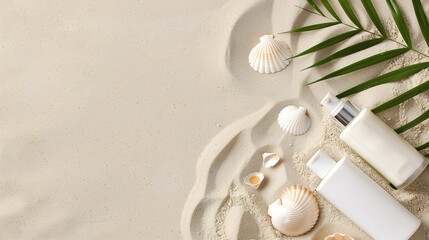 Beach Beauty Essentials - Flat Lay of Cosmetic Products with Seashells on Sandy Background