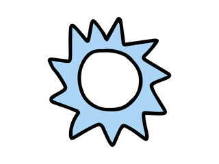 Simple hand drawn illustration of a sun with spiky rays in blue, drawn in a minimalistic and childlike style. Concept of sunshine, weather, warmth, and playful design. Isolated on a white background.