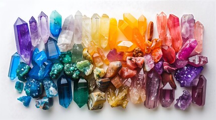 Healing Crystals Arranged in Rainbow Gradient on White Background
