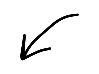 Black hand-drawn curved arrow pointing downward and left on a white background. Concept of direction, navigation, minimalist style, symbol. Print, icon, design element.