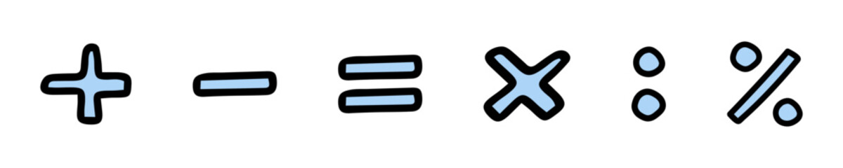 Obraz premium Hand-drawn mathematical symbols, including plus, minus, equal, multiplication, division, percentage signs. Concept of math operations, educational icons, math learning, school. Design elements
