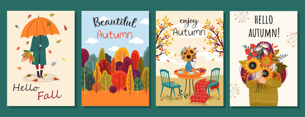 Love autumn card. Universal Autumn cards. Hello Autumn. Leaves bouquet flowers twigs. For flyer, poster, banner, brochure, email header. isolated on white background