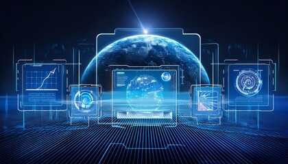 A digital interface with augmented reality elements, including floating information panels or interactive 3D objects.