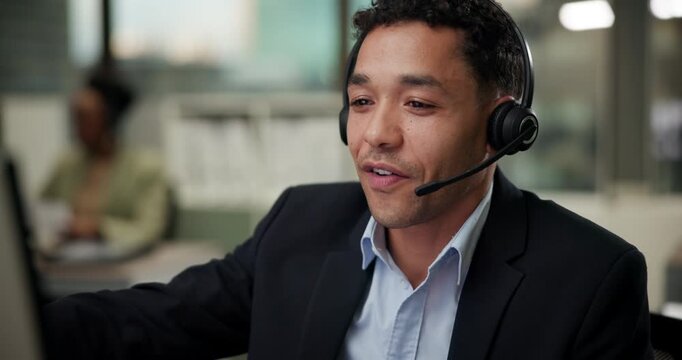 Office, man and headset as call center agent on consulting with client on sales for insurance cover or life policy. Male person, employee and microphone on telemarketing, customer advice and support