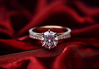 Elegant Round Diamond Engagement Ring on a Red Fabric Background
