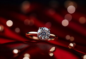 Elegant Round Diamond Engagement Ring on a Red Fabric Background with Bokeh Lights