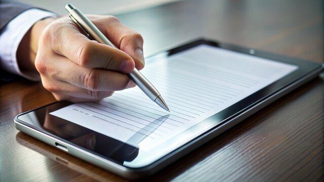 Close-up of a business contract displayed on a digital smartphone screen with a stylus signing it electronically, representing online document signing and digital innovation.