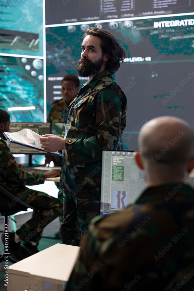 Poster army it professional supervising data collecting activity from a big screen, processing strategic in